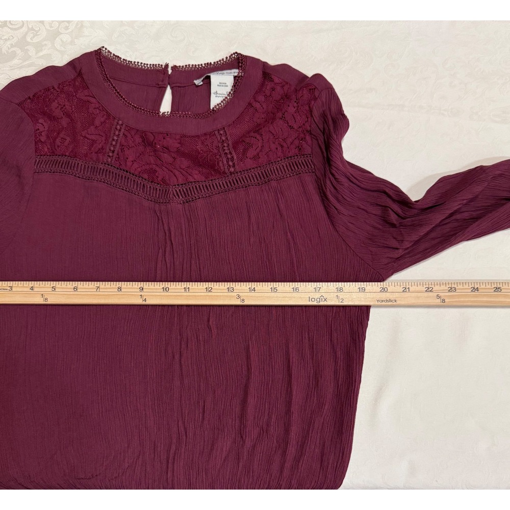American Rag Lace Yoke Blouse Womens Large Burgundy Boho Smocked Victorian - Picture 5 of 8